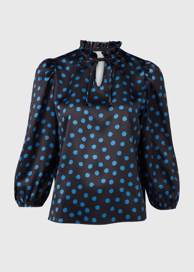 Black Blue Spot Tie Neck Frill Blouse