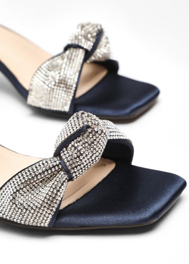Quiz Navy Satin Diamante Knot Front Block Heeled Sandals