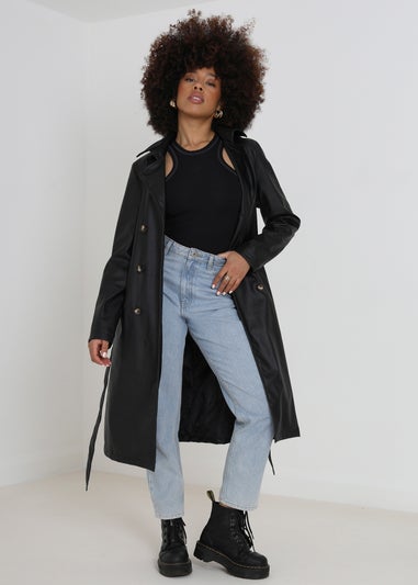 Brave Soul Black Pepsi Faux Leather Double Breasted Trenchcoat