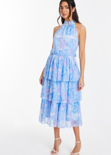Quiz Blue Floral High Neck Tiered Midi Dress