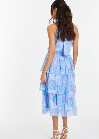 Quiz Blue Floral High Neck Tiered Midi Dress