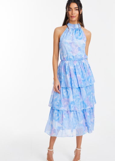 Quiz Blue Floral High Neck Tiered Midi Dress