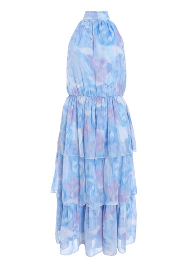 Quiz Blue Floral High Neck Tiered Midi Dress