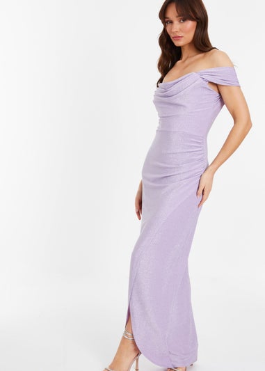 Quiz Purple Glitter Bardot Ruched Maxi Dress