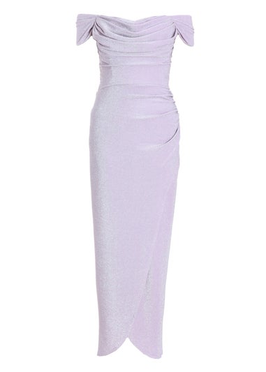 Quiz Purple Glitter Bardot Ruched Maxi Dress