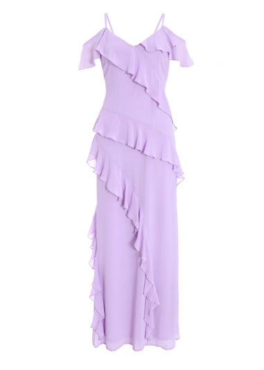 Quiz Purple Chiffon Frill Drop Shoulder Maxi Dress