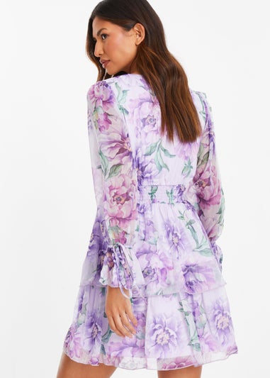 Quiz Purple Floral Chiffon Tiered Skater Dress