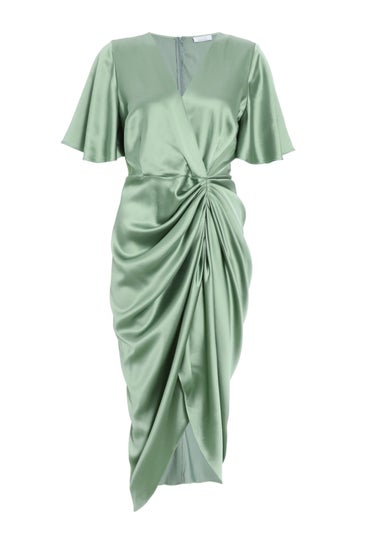 Quiz Green Satin Ruched Wrap Midi Dress