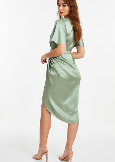 Quiz Green Satin Ruched Wrap Midi Dress