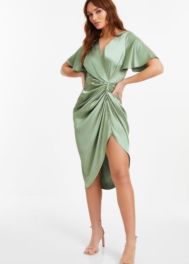 Quiz Green Satin Ruched Wrap Midi Dress