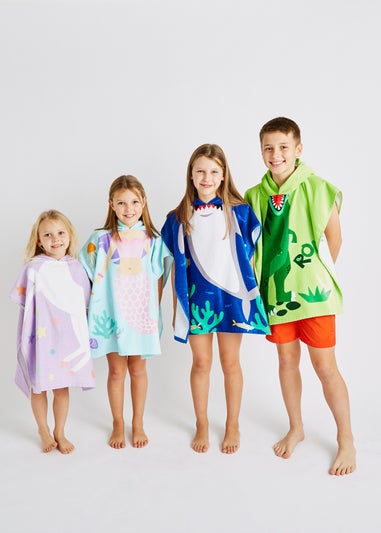 Catherine Lansfield Blue Kids Shark Hooded Towel Poncho