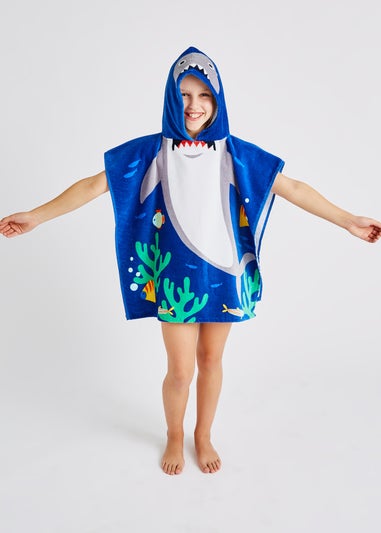 Catherine Lansfield Blue Kids Shark Hooded Towel Poncho