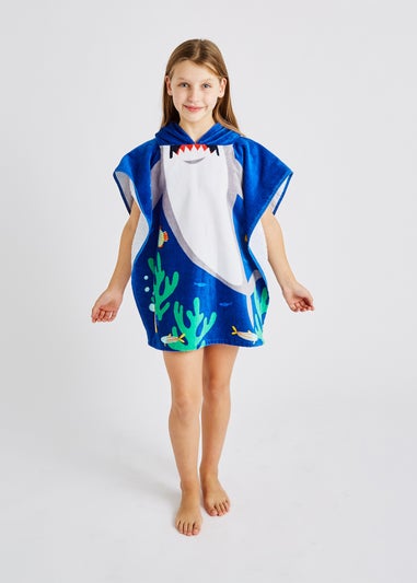 Catherine Lansfield Blue Kids Shark Hooded Towel Poncho