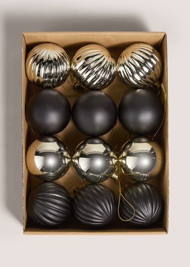 Wondrous 12 Pack Black & Gold Baubles