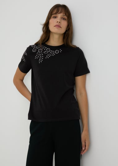 Black Shoulder Embellished T-Shirt