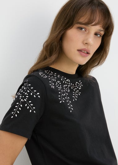 Black Shoulder Embellished T-Shirt