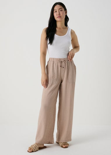 Beige Textured Wide Leg Trousers