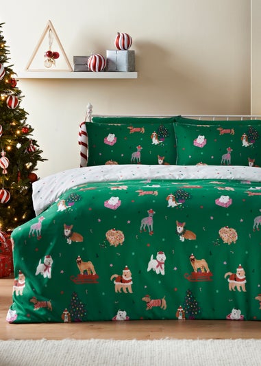 Joyful Green Christmas Dog Print Duvet Set