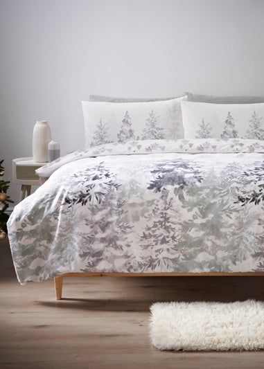 Wondrous Grey Frosted Tree Print Duvet Set