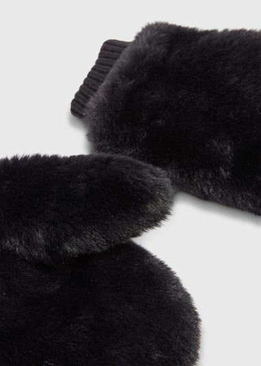 Girls Black Faux Fur Mittens (3-13yrs)