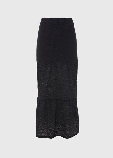 Black Smocked Patterned Maxi Skirt