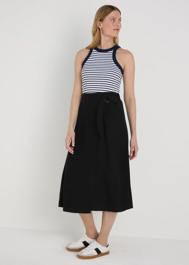 Black Buckle Tie Midi Wrap Skirt