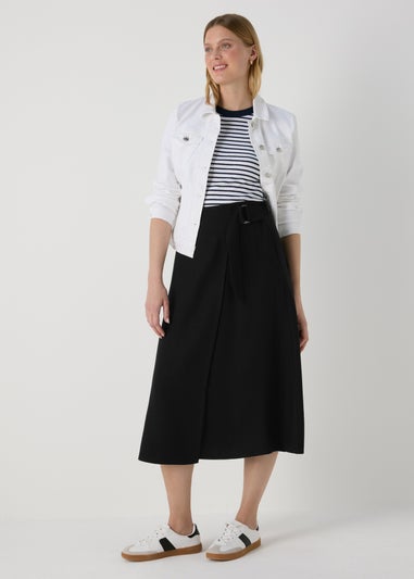 Black Buckle Tie Midi Wrap Skirt