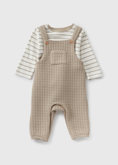 Baby Beige Stripe Top & Quilted Dungaree Set (Newborn-23mths)