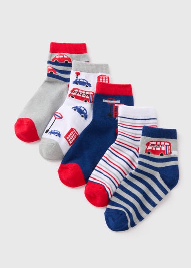 5 Pack Boys Multicolour London Ankle Socks (Younger 6-Older 6.5)