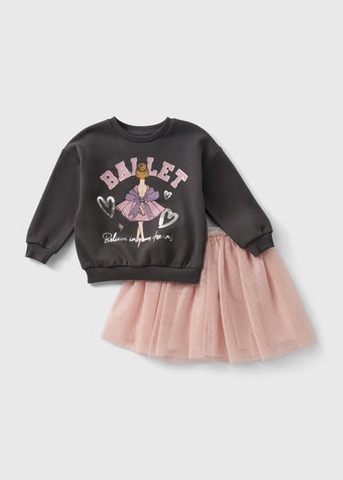 Girls Charcoal Ballet Sweatshirt & Skirt Set (1-7yrs)