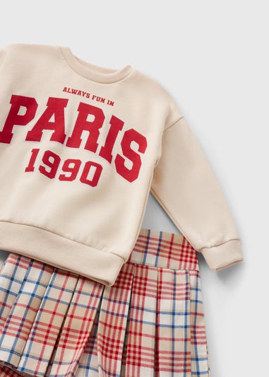 Girls Cream Paris Sweatshirt & Check Skort Set (1-7yrs)