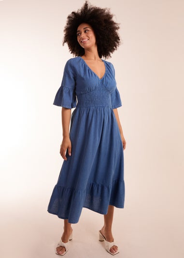 Blue Vanilla Blue V Neck Shirred Midi Dress