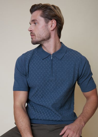 Threadbare Blue Marrick Textured Short Sleeve Knitted Polo
