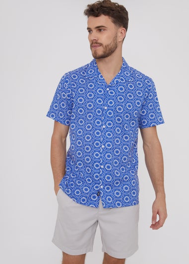 Threadbare Blue Short Sleeve Floral Print Cotton Shirt