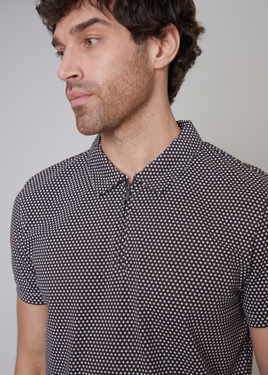 Threadbare Chocolate Dion Geometric Print Zip Collar Jersey Polo Shirt