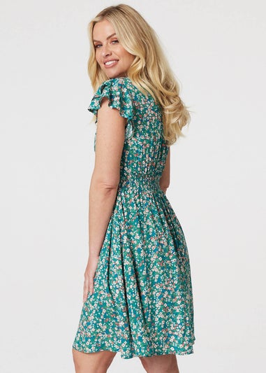 Izabel London Green Floral Ruffle Sleeve Skater Dress