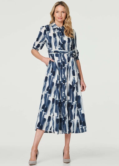 Izabel London Blue Printed Tailored Midi Shirt Dress