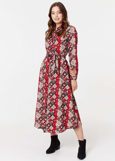 Izabel London Red Printed Tie Waist Midi Shirt Dress