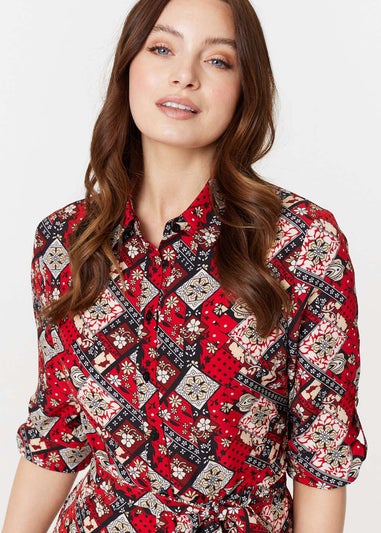 Izabel London Red Printed Tie Waist Midi Shirt Dress