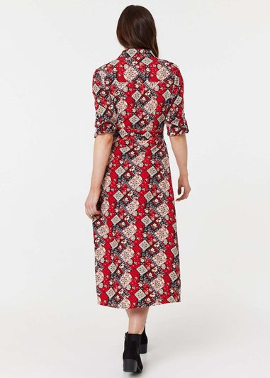 Izabel London Red Printed Tie Waist Midi Shirt Dress