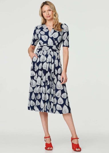 Izabel London Navy Printed Short Sleeve Wrap Tea Dress