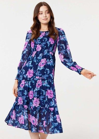 Izabel London Navy Floral Semi-Sheer Tiered Midi Dress