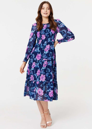 Izabel London Navy Floral Semi-Sheer Tiered Midi Dress