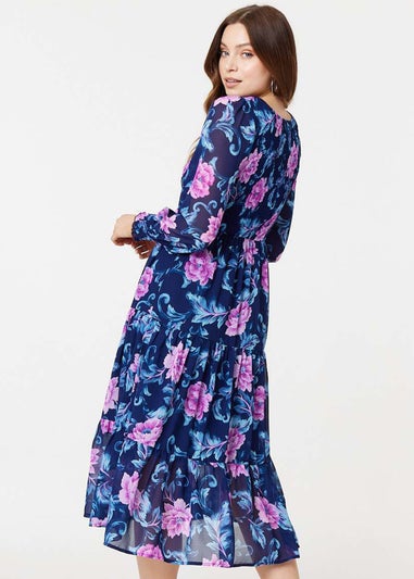 Izabel London Navy Floral Semi-Sheer Tiered Midi Dress