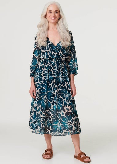 Izabel London Green Floral Semi Sheer V-Neck Midi Dress