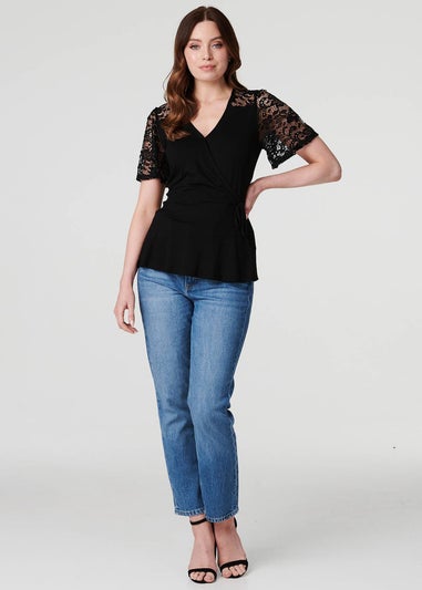 Izabel London Black Lace Sleeve V-Neck Peplum Top