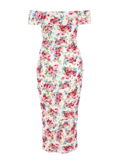 Quiz Cream Floral Bardot Midi Dress