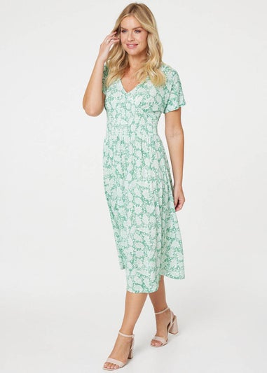 Izabel London Green Paisley Shirred Detail Midi Dress