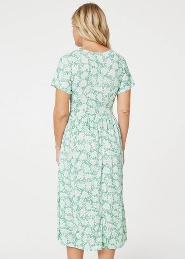 Izabel London Green Paisley Shirred Detail Midi Dress