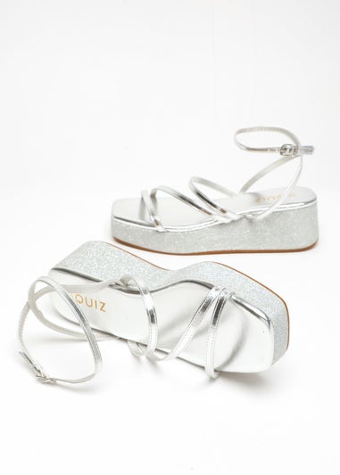 Quiz Silver Glitter Strappy Flatform Sandals